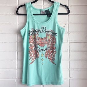 Harley Davidson Motorcycles Mint Green Rhinestone Wing Graphic Tank
